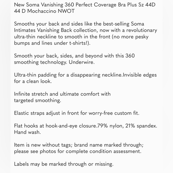 NWOT Soma Vanishing 360 Perfect Coverage Bra Plus Sz 44D 44 D Mochaccino‎ - Picture 3 of 7